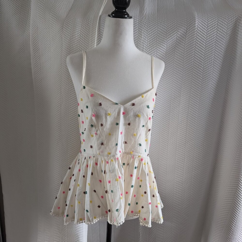 H&M Peplum Cami Top Textured Polka Dots Embroidered Hem Size 6 Cotton Feminine